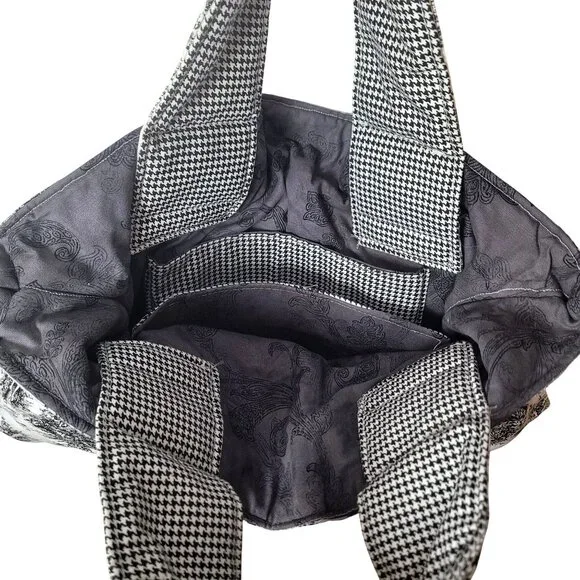 Handmade Black & White Toile & Houndstooth Tote Bag With Ruffled Detail & Gold T - Picture 9 of 15
